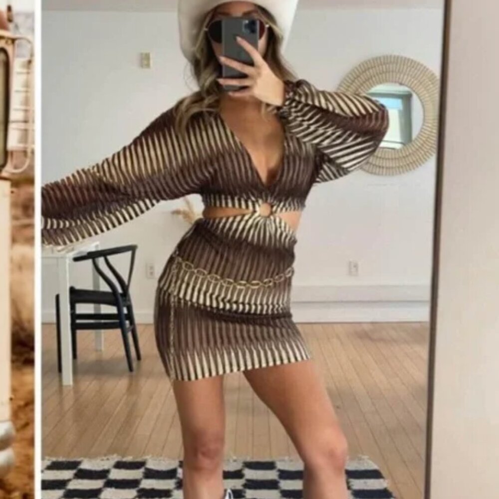 12th Tribe Free Bird Brown Long Sleeve Mini Dress NWT